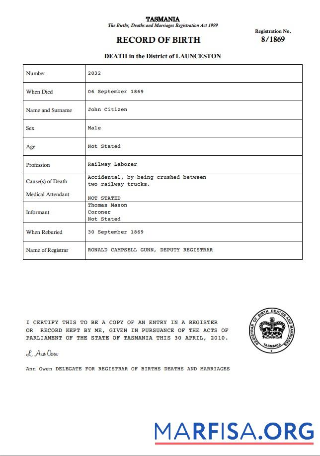 Downloadable Australia Tasmania death certificate template in Word